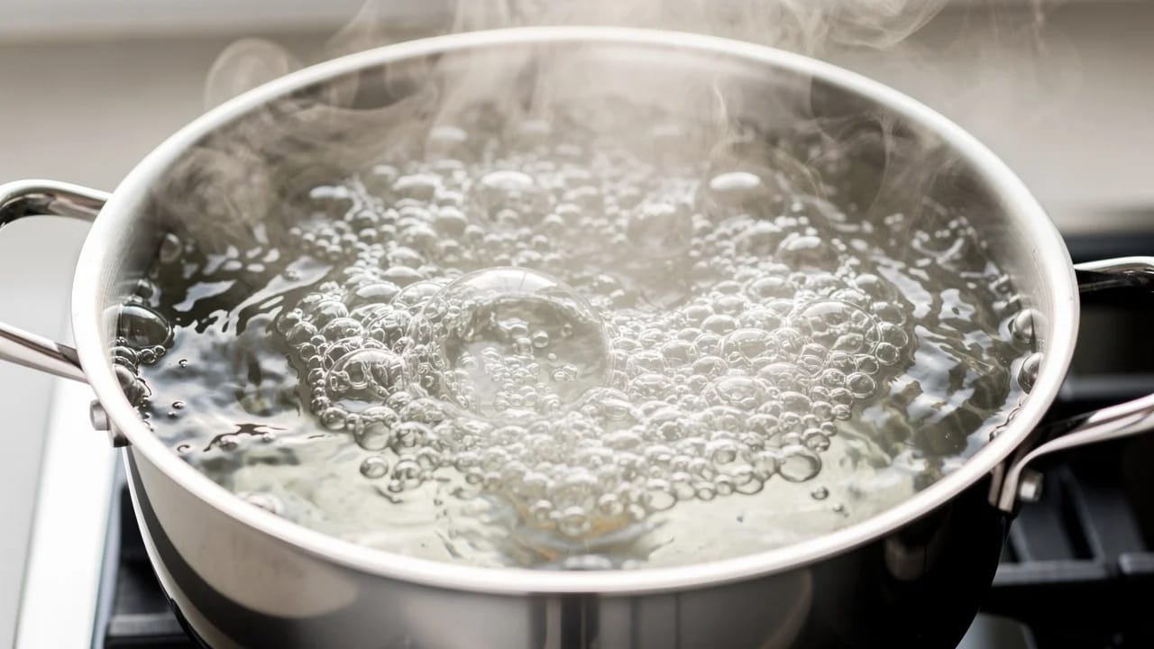 A pot of water at a full rolling boil with vigorous bubbles breaking the surface