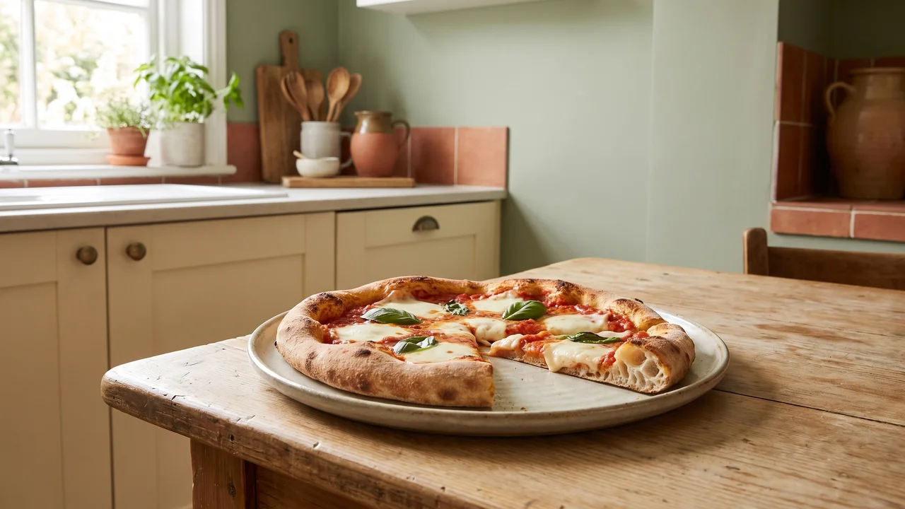 Freshly baked pizza made with cold fermented dough