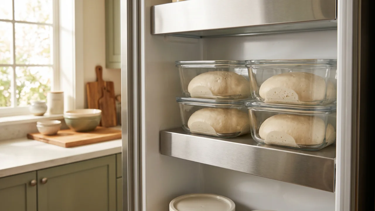 Pizza dough balls cold fermenting in glass containers inside a refrigerator