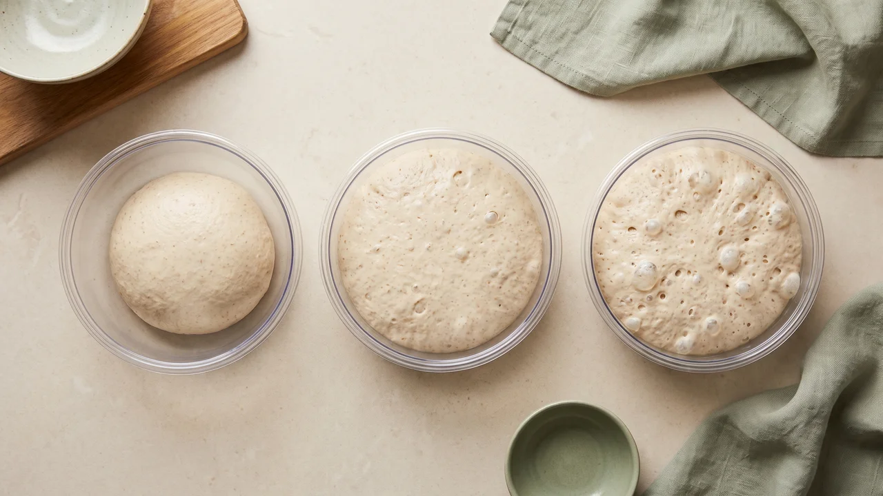 Dough balls at 24h, 48h, and 72h cold fermentation stages showing progressive bubble development