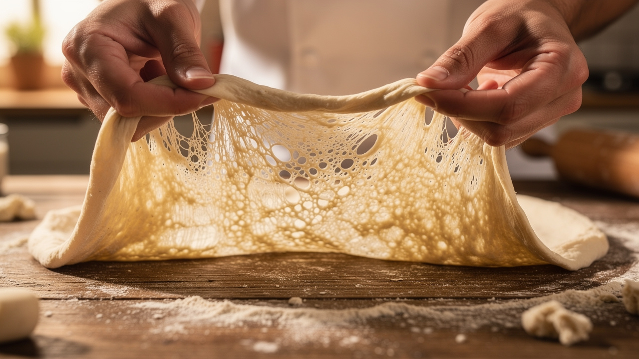 Hands stretching cold fermented pizza dough showing the translucent window pane test