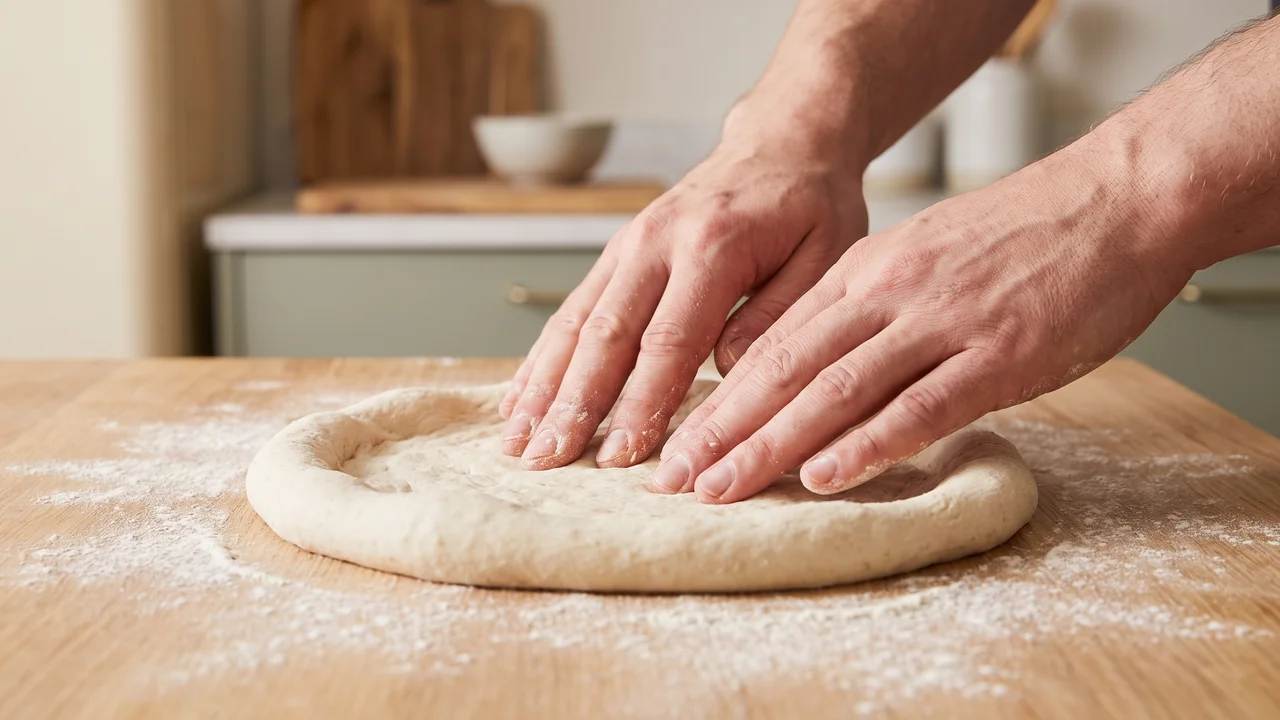 Hands stretching cold fermented pizza dough